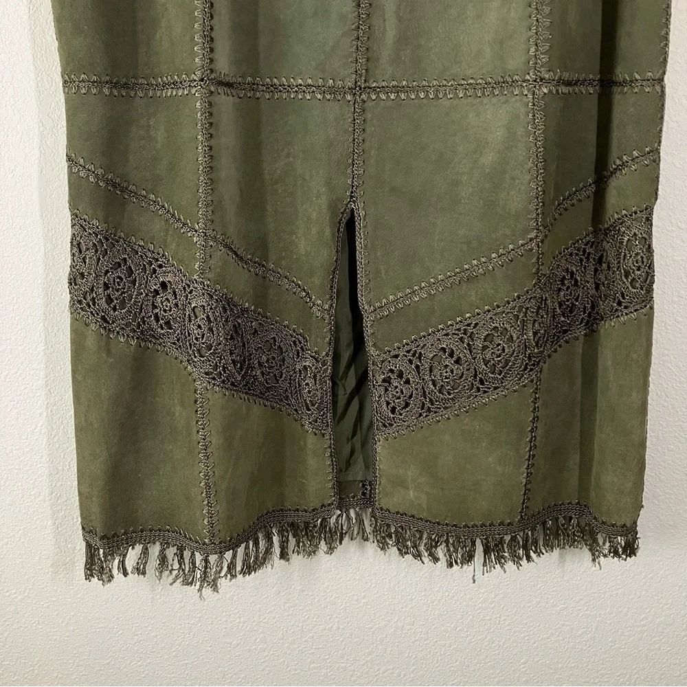 VINTAGE Suede Jacket & Skirt Set Crochet Western Cowgirl Boho Olive Green 2X - Picture 14 of 16
